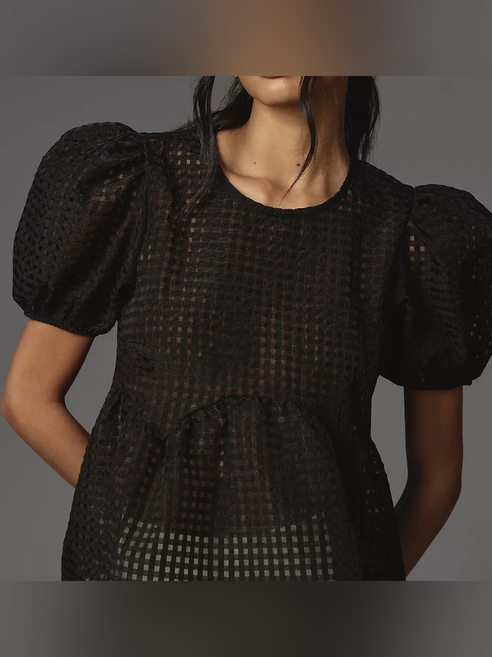Maeve Black Puff Sleeve Checkered Sheer Blouse